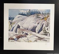 Full view of unframed lithograph on black background showing margins and image