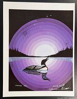 Full view of lithograph showing loon, purple concentric circles, signature visible