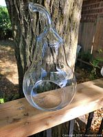 Full view of glass pear terrarium showing shape and front opening