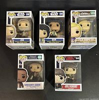 Front view of all five boxed Funko Pop! figures