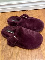 Top angled view of both slippers showing faux-fur upper, buckle, label