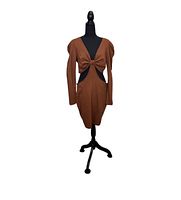Front view of brown cut-out long-sleeve dress on mannequin