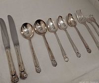Entire 10-piece flatware set laid out showing pattern and wear