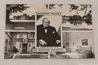 Front of postcard showing Blenheim Palace montage and Churchill portrait