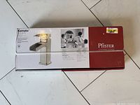 Front of Pfister Kamato faucet retail box