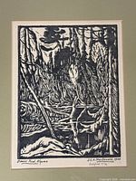 Full view of woodblock print showing forest scene, signature and date in plate visible