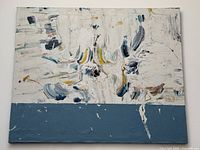 Full frontal view of entire painting showing composition and lower blue band
