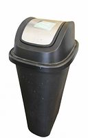 Front view of black plastic swing-lid trash can