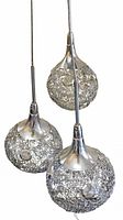 Front view of three metal mesh globe shades with crystal inserts