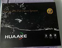 Retail box displaying HuaaKe branding and faucet with pull-down sprayer labeling