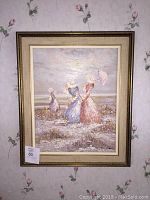 Framed and matted painting showing the full artwork with three women in pastel dresses and floral surroundings.
