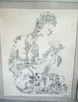 Framed drawing showing full seated female silhouette composed of intricate scenes