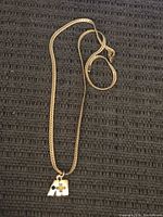 Full view of gold-filled necklace with attached pendant on dark background