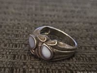 Front view of sterling silver ring showing cabochon settings
