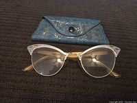 Full view of cat-eye eyeglasses and blue case