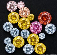 Multiple round fancy color diamonds displayed