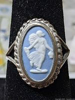 Front view of ring showing jasperware plaque and silver rope bezel