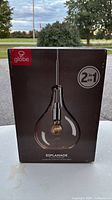 Front of retail box showing Globe Esplanade pendant light image and 2-in-1 feature