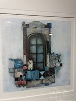 Close view of artwork showing window motif and collage elements