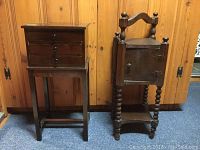 Two vintage wooden tables side by side against a wood-paneled wall, showing front and side views