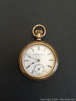 Full view of the pocket watch face showing the Elgin National Watch Co. branding, white dial with Roman numerals, and blue hands with a sub-second dial.