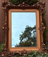 Front view of mirror reflecting sky, showing entire gilded frame