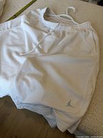 Full view of white mesh shorts showing Jumpman logo and waistband
