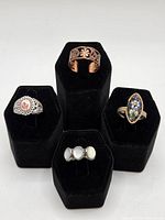 Group view of all four rings on black stands