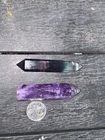 Top view of two crystal points beside coin for scale
