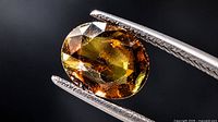 Front view of oval faceted sphene in tweezers