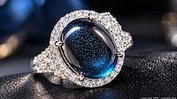 Front angled view of ring showing cabochon topaz and CZ halo