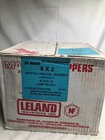 Box labeled with Leland Industries Inc., indicating 25 bags of 8 X 2 special pancake Quadrex screws with black JS finish and Robertson bit.