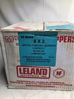 Box showing label with quantity (25 bags), screw size 8 x 2 inch, special pancake quadrex type, low root, black JS finish, manufactured by Leland Industries Inc.