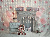 Full design view showing floral, balloons, fireplace scene