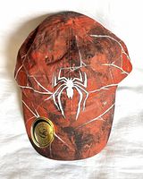 Front view of cap showing spider design, web pattern and artist sticker