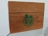 Front view showing Foodland Ontario logo on pine recipe box