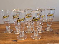 Front angled view of all ten Negra Modelo stemmed beer glasses