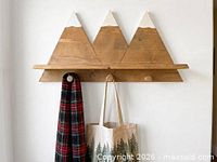 Front view of mountain-shaped shelf on wall displaying pegs and ledge