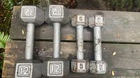 Two 12-lb and two 5-lb cast-iron hex dumbbells on wood surface
