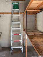 Full view of Featherlite 8-ft step ladder leaning against wall