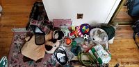 Photo of assorted dog supplies on hardwood floor: dog bed, pet carrier, toys, dog bowls, leash, brush, dog treats, and recipe book.