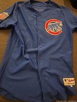 Full view of front of blue Chicago Cubs jersey displaying bear logo and sleeve patch