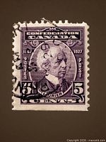 Front view of 1927 5¢ violet Confederation Jubilee stamp showing portrait and cancellation marks