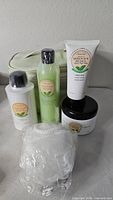 Group shot showing all Perlier Honey & Mint products, bath pouf and toiletry bag