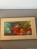 Full view of framed painting showing mat, frame and artwork