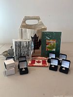Group shot of all items: pins in boxes, metal hooks, canvas tote, card, patch, note set