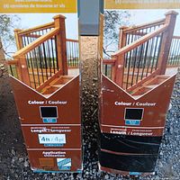 Front view of two Veranda stair rail kit boxes showing color, length and application