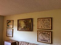 Five framed art pieces displayed on a wall above a couch including two nature paintings and three antique maps.