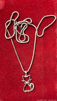Full view of sterling chain with cat pendant against red background