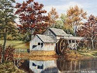 Full view of signed oil painting showing mill, pond, autumn trees